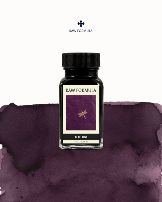 Raw Formula To Be Alive fountain pen ink in plum purple, 80ml bottle with ink swatch