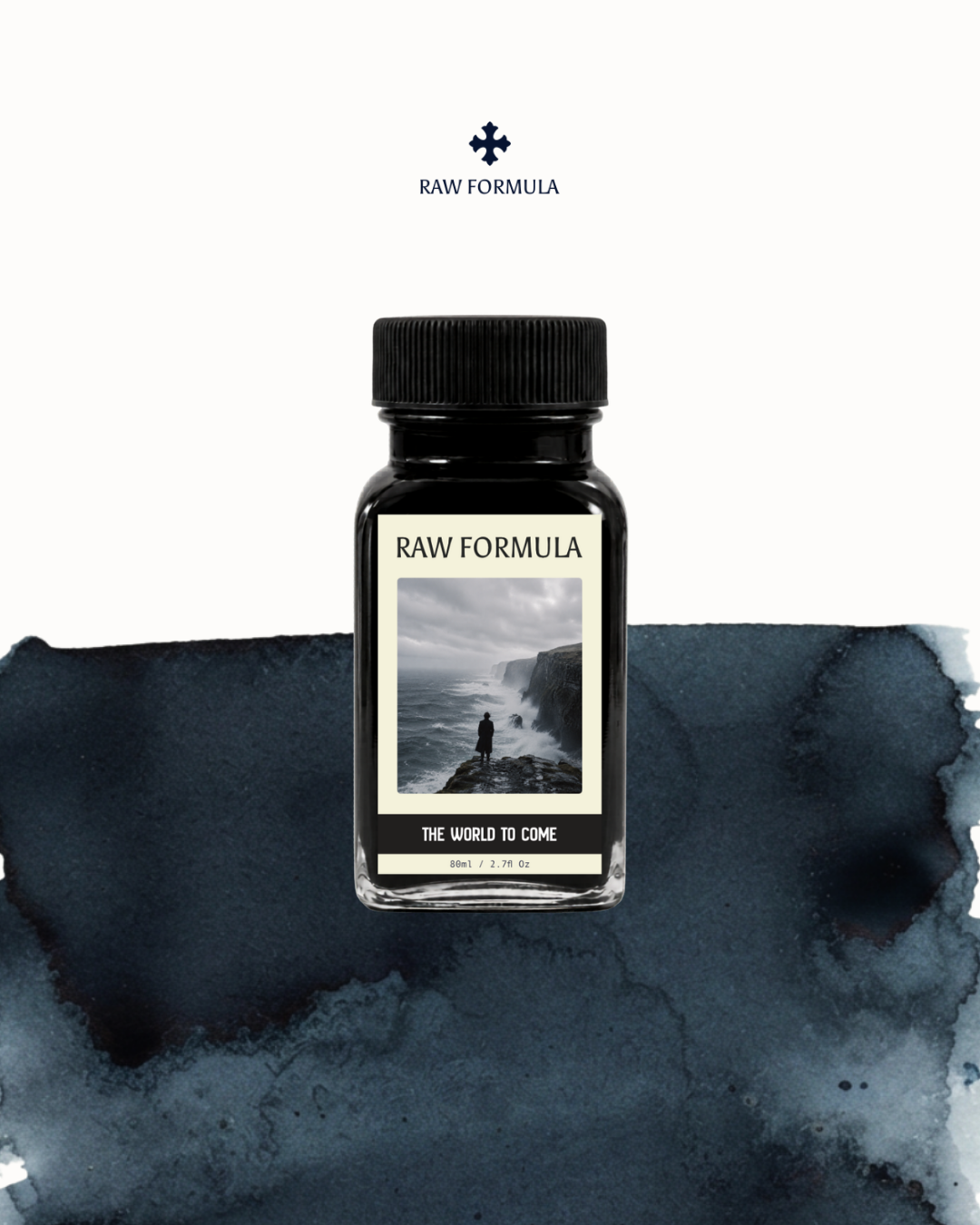 Raw Formula The World To Come fountain pen ink in dusk blue-black, 80ml bottle with ink swatch