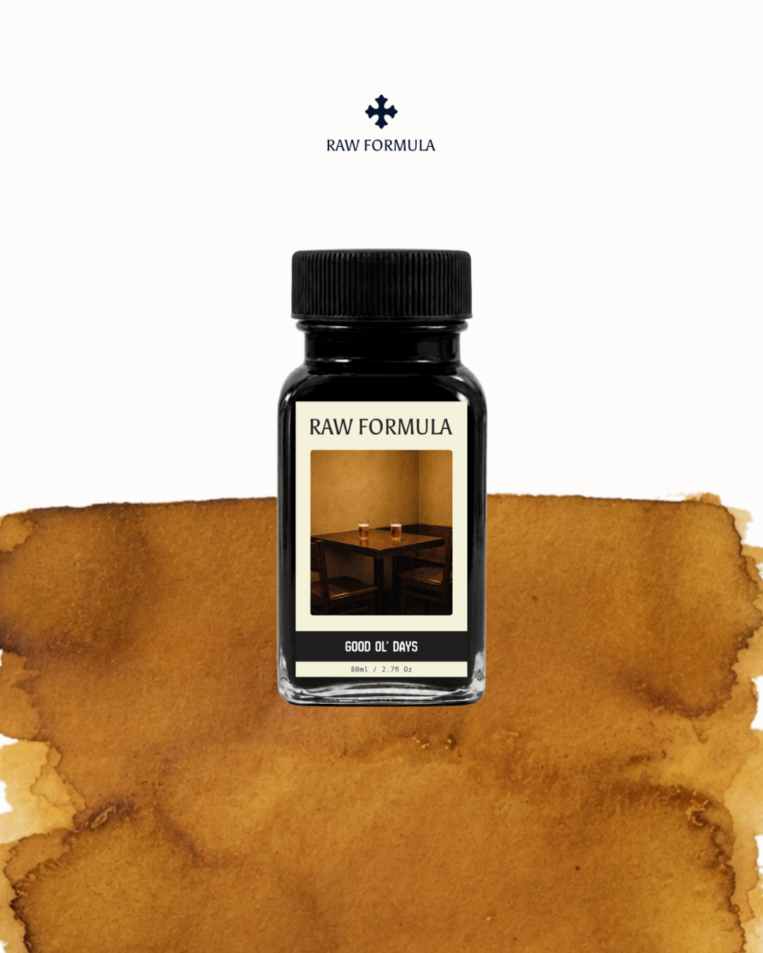 Raw Formula Good Ol' Days fountain pen ink in warm amber, 80ml bottle with ink swatch