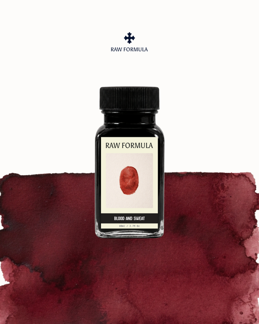 Raw Formula Blood and Sweat fountain pen ink in deep red, 80ml bottle with ink swatch