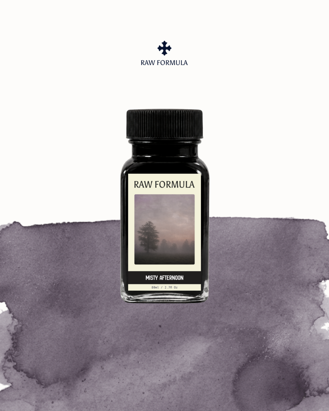 Raw Formula Misty Afternoon fountain pen ink in soft grey, 80ml bottle with ink swatch