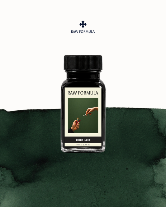 Raw Formula Bitter Truth fountain pen ink in deep green, 80ml bottle with ink swatch