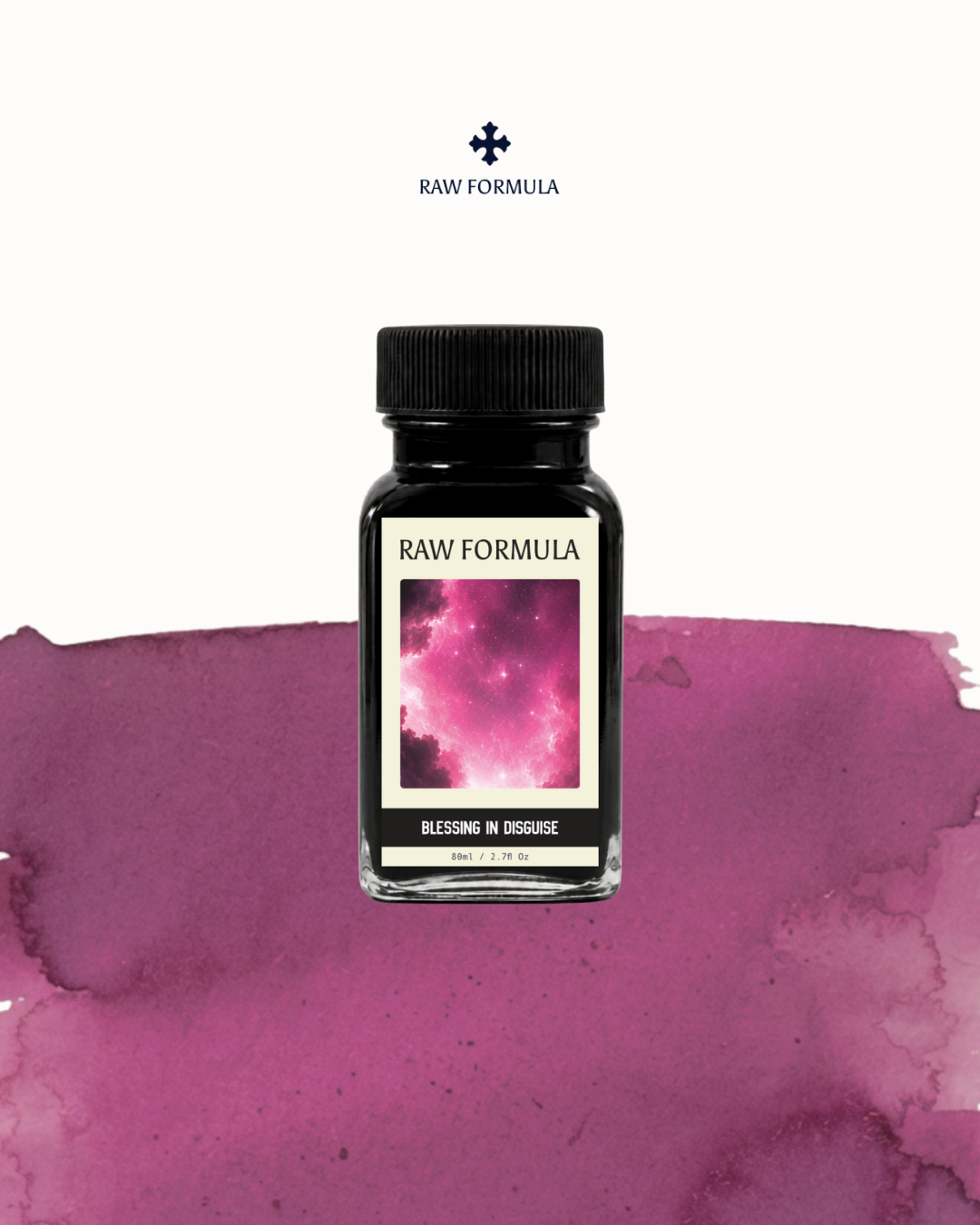 Raw Formula Blessing in Disguise fountain pen ink in muted pink, 80ml bottle with ink swatch