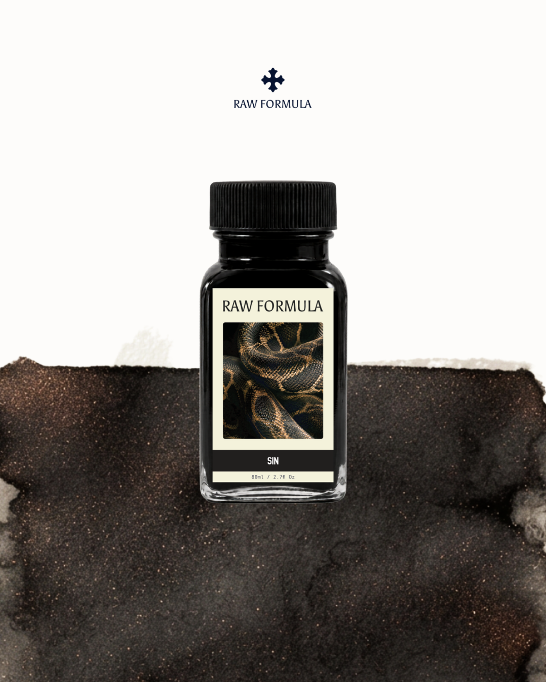 Raw Formula Sin fountain pen ink in near-black with bronze glitter, 80ml bottle with ink swatch