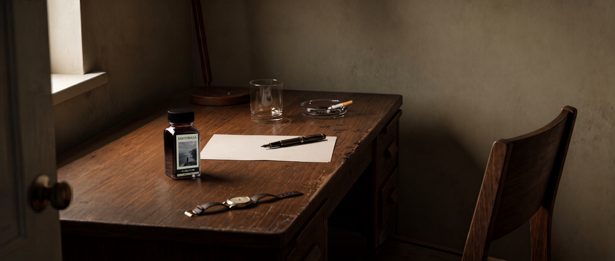 Raw Formula fountain pen ink bottle on a writing desk with a pen and paper