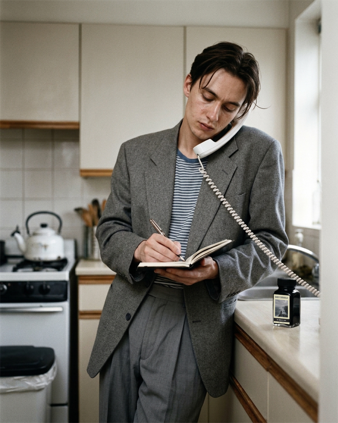 A man writing by hand in a notebook with a fountain pen while holding a phone, a Raw Formula ink bottle on the counter beside him